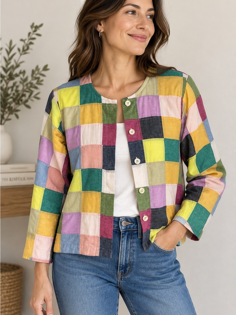 Orvis Women’s 12 Patchwork Cotton Jacket Shirt Colorful Check Button Front